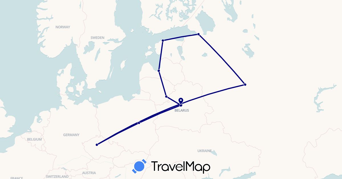 TravelMap itinerary: driving in Belarus, Czech Republic, Estonia, Lithuania, Latvia, Poland, Russia (Europe)